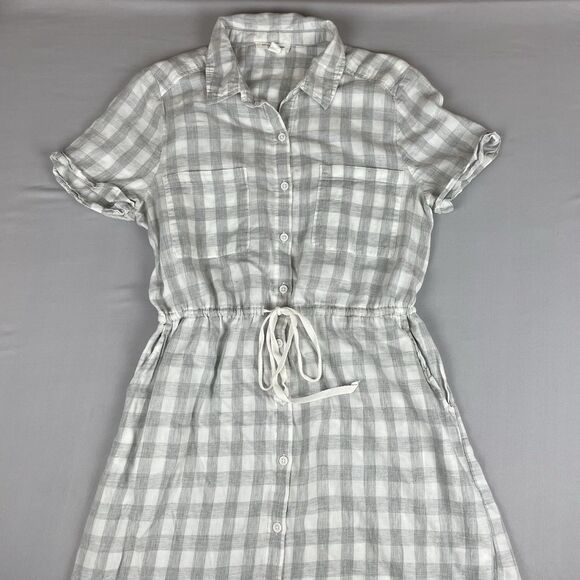 Beach Lunch Lounge Plaid Short Shirt Dress Women’s Med Grey White Cotton Tomboy - Picture 5 of 16